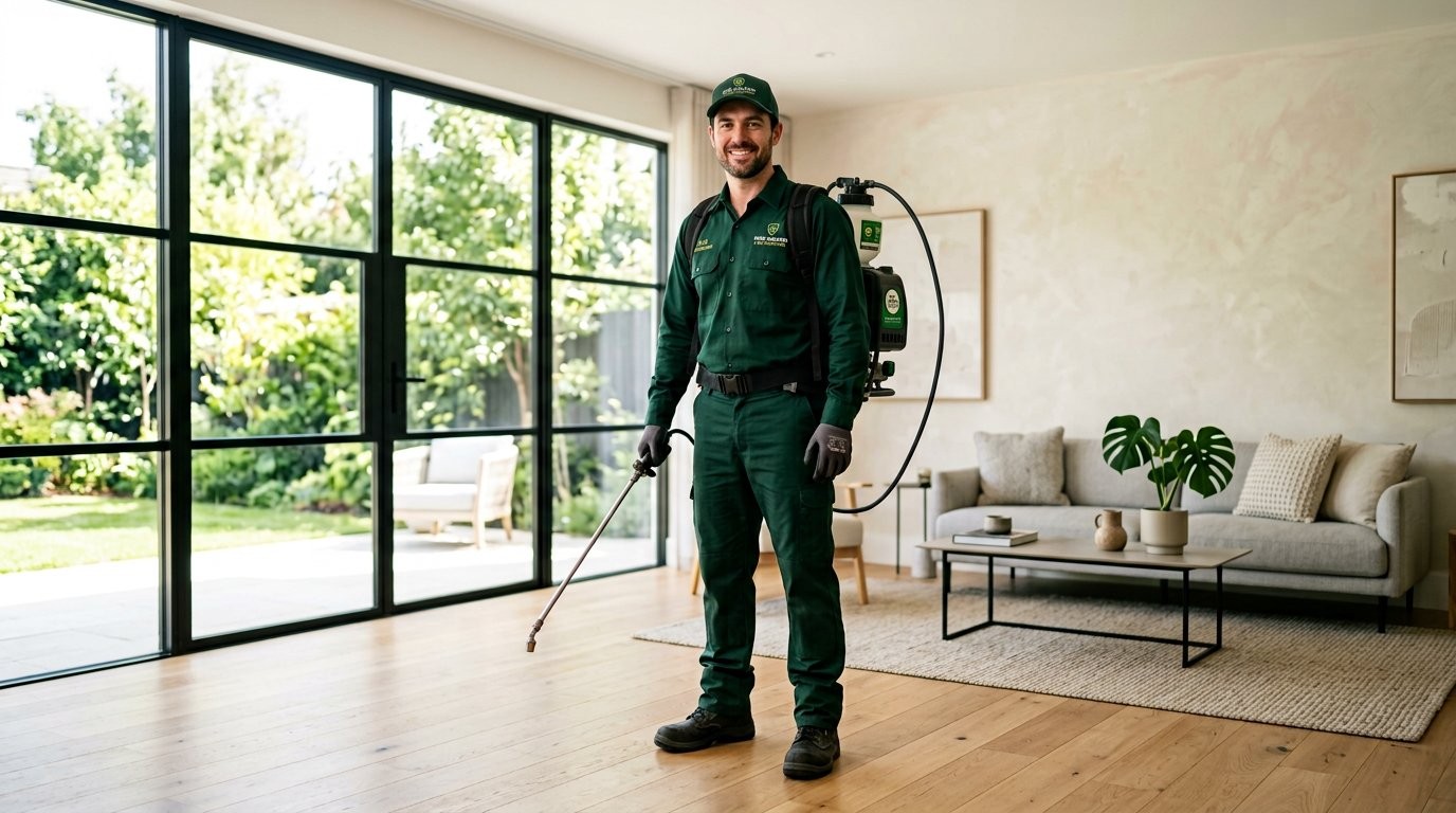 New Generation Pest Control technician performing outdoor mosquito fogging around a home