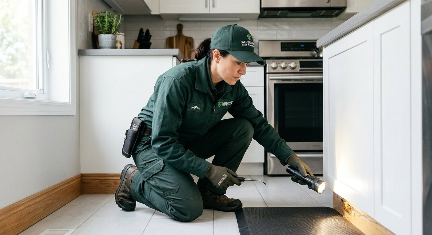 Technician inspecting a kitchen for pest activity with a torch