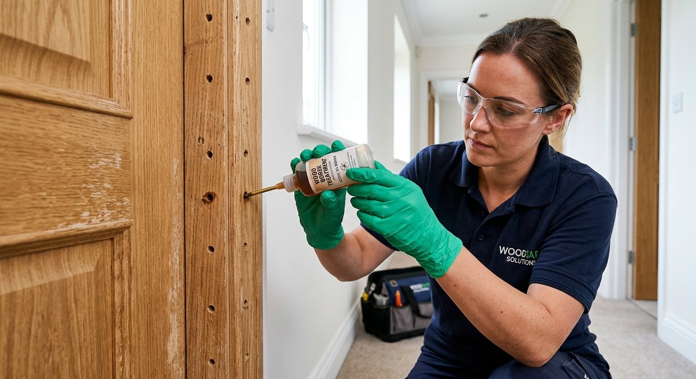 Injection treatment for wood borer and termite infested door