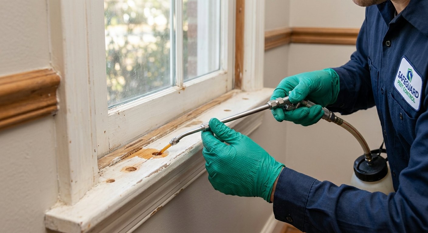 Targeted termite treatment being applied to a window frame